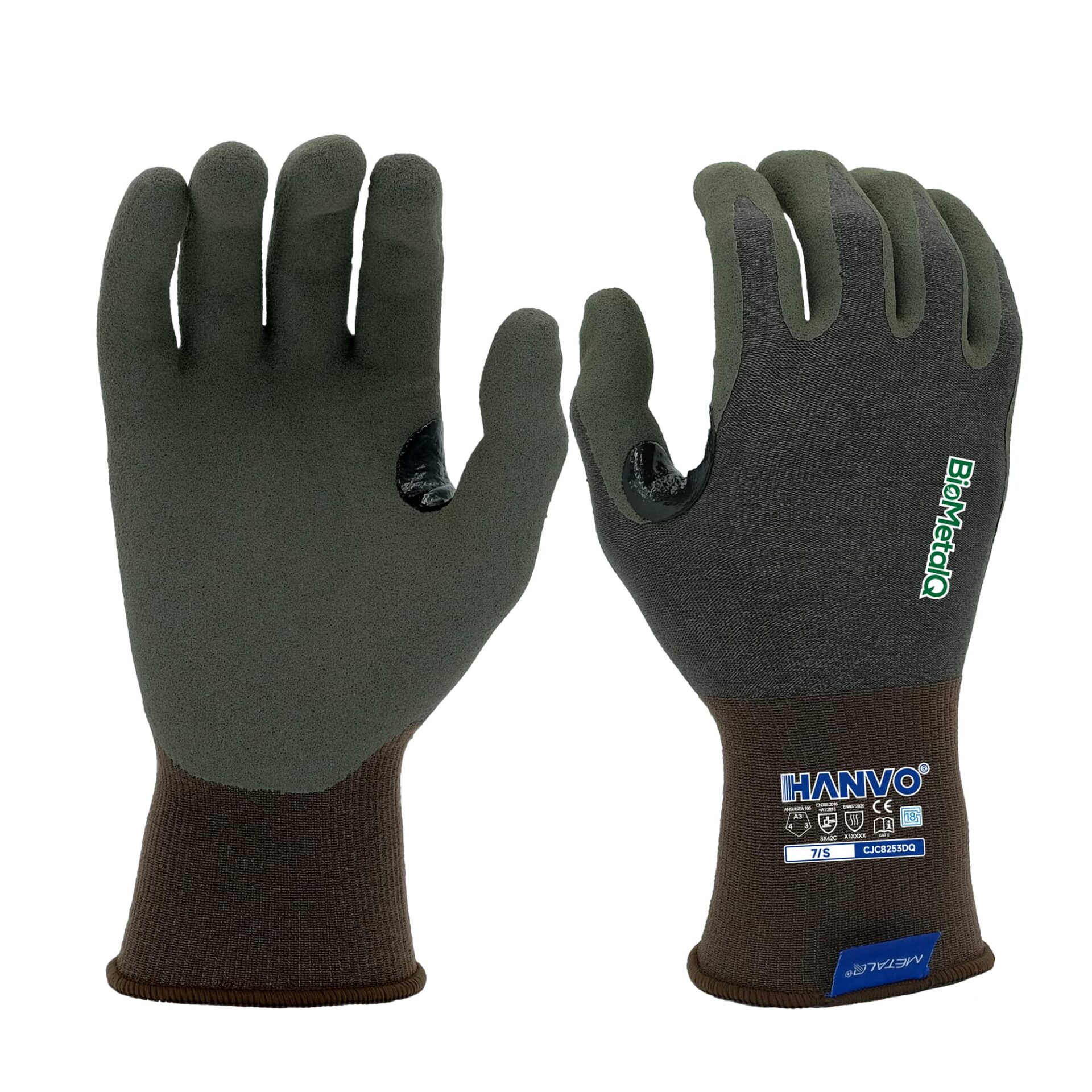 HANVO’s 18‑gauge nylon‑BioMetalQ‑spandex safety glove provides ANSI A3 cut‑resistant performance while preserving excellent fingertip dexterity. BioMetalQ liner is made of 95% bio‑based raw material, paired with biodegradable sandy‑foam polymer palm dipping, with reinforced thumb crotch for extended service life. Touch‑screen compatible for direct device operation without glove removal. This eco‑friendly cut resistant work glove is ideal for general assembly, material transport, machinery and equipment, automotive, facility maintenance and warehousing operations.