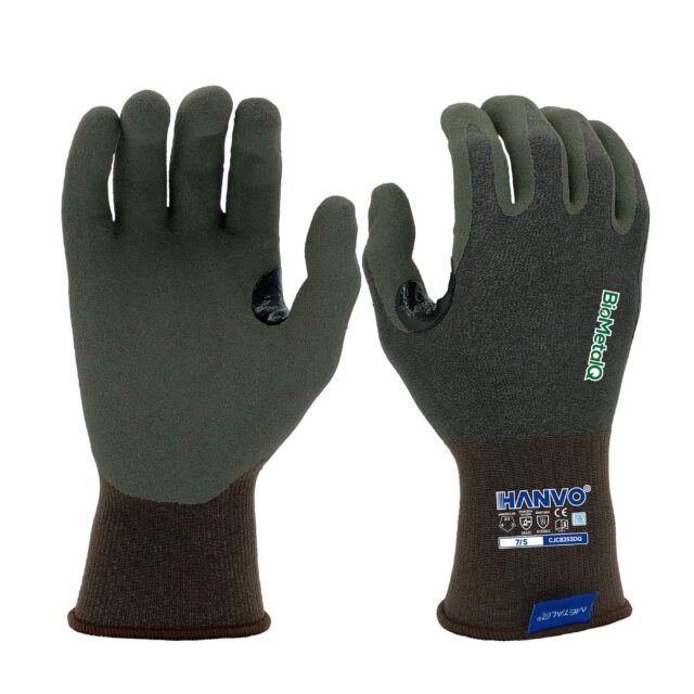 HANVO’s 18‑gauge nylon‑BioMetalQ‑spandex safety glove provides ANSI A3 cut‑resistant performance while preserving excellent fingertip dexterity. BioMetalQ liner is made of 95% bio‑based raw material, paired with biodegradable sandy‑foam polymer palm dipping, with reinforced thumb crotch for extended service life. Touch‑screen compatible for direct device operation without glove removal. This eco‑friendly cut resistant work glove is ideal for general assembly, material transport, machinery and equipment, automotive, facility maintenance and warehousing operations.