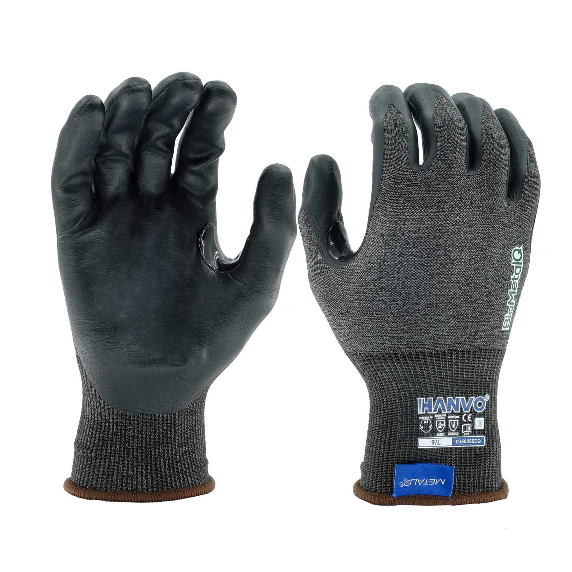 HANVO’s 18‑gauge recycled‑polyester BioMetalQ‑spandex safety glove offers premium ANSI A4 cut protection while retaining great dexterity. 95% bio‑sourced BioMetalQ yarn combines with recycled polyester liner and biodegradable foam‑polymer palm dip, reinforced thumb crotch for heavy‑duty use. Touch‑screen function allows convenient device operation without taking off gloves. This high‑performance eco‑friendly cut resistant work glove is ideal for general assembly, material transport, machinery and equipment, automotive, facility maintenance and warehousing operations.