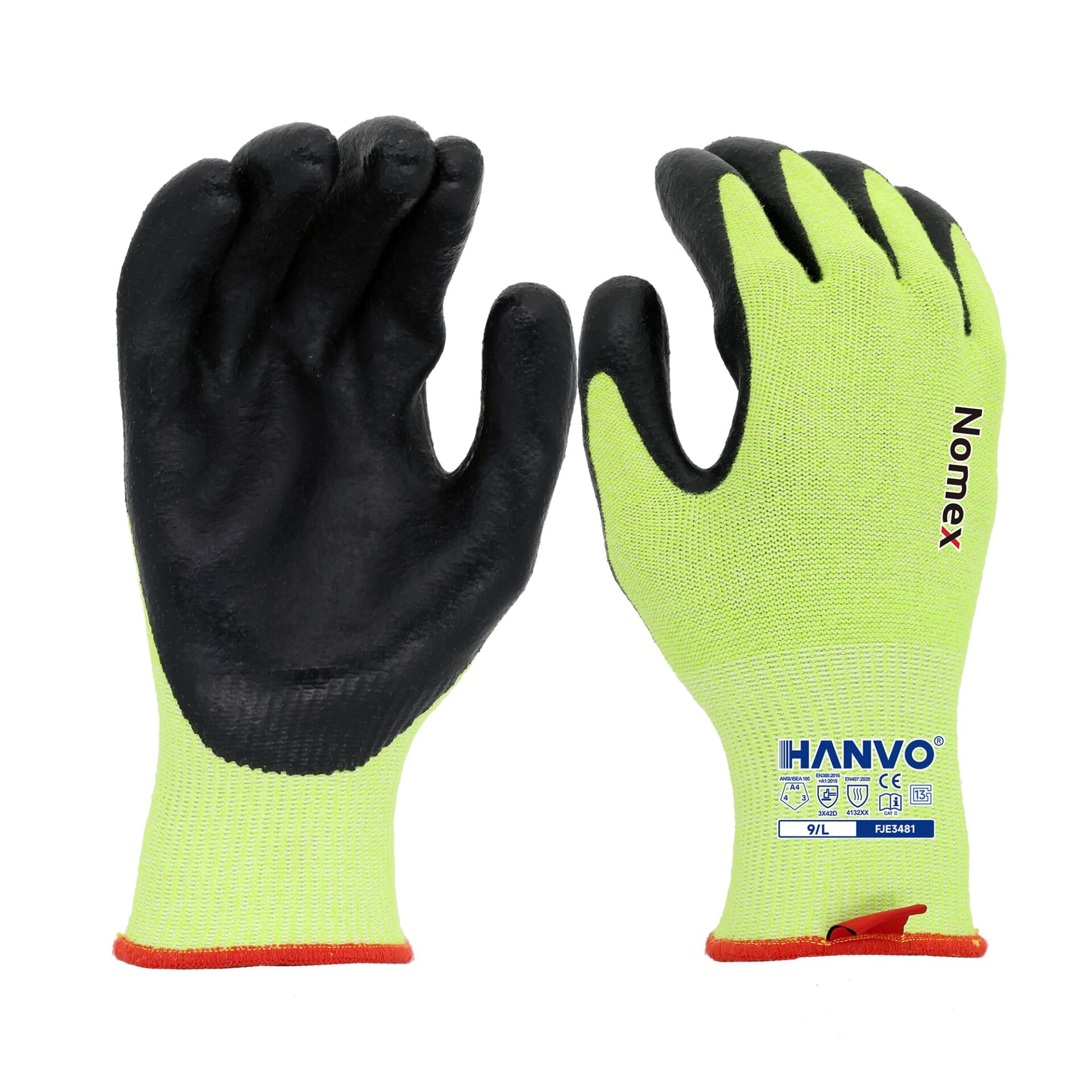 HANVO’s 13‑gauge Nomex safety glove delivers reliable ANSI A4 cut protection with lightweight, flexible construction for precise fingertip dexterity. The foam neoprene palm dip delivers stable non‑slip grip under dry working conditions. This Nomex‑built glove carries arc‑flash rating for electrical hazard protection, and the neoprene coating brings excellent flame‑resistant performance. This arc‑flash & flame‑resistant cut resistant work glove is ideal for electrical utilities, general assembly, machinery and equipment, facility maintenance and warehousing operations.