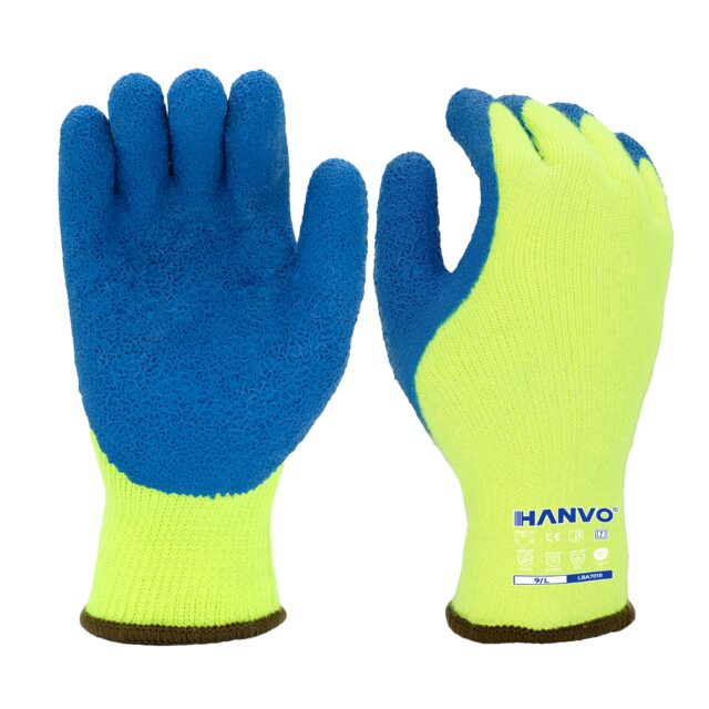 HANVO’s 7‑gauge thick acrylic terry safety glove delivers ANSI A1 cut protection and premium cold‑weather thermal insulation, featuring crinkle latex palm dipping for steady non‑slip grip. This cut resistant work glove is ideal for general assembly, material transport, machinery and equipment, automotive, facility maintenance and warehousing operations.