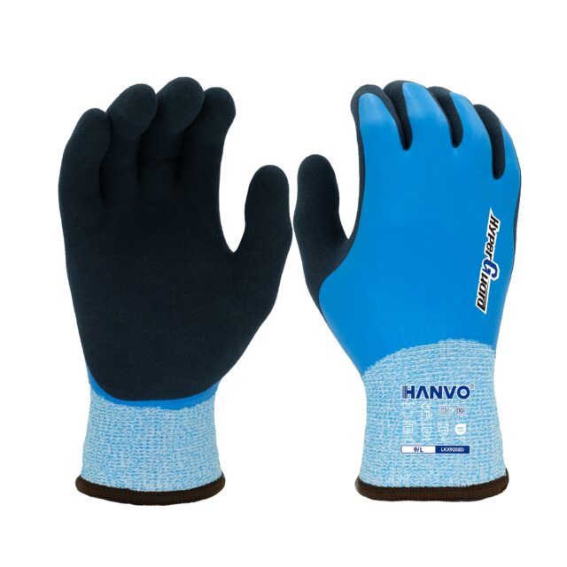 HANVO’s 13+10‑gauge dual‑layer HPPE glass‑fiber blended acrylic terry safety glove delivers ANSI A4 cut‑resistant performance while retaining outstanding fingertip dexterity. Full smooth latex coating provides all‑round protection, with sandy latex palm dipping for firm grip within dry working environments. The acrylic terry inner liner supplies reliable thermal insulation for cold‑climate work, and the glove supports touch‑screen operation without glove removal. This cold‑weather cut resistant work glove is ideal for general assembly, material transport, machinery and equipment, automotive, facility maintenance and warehousing operations.