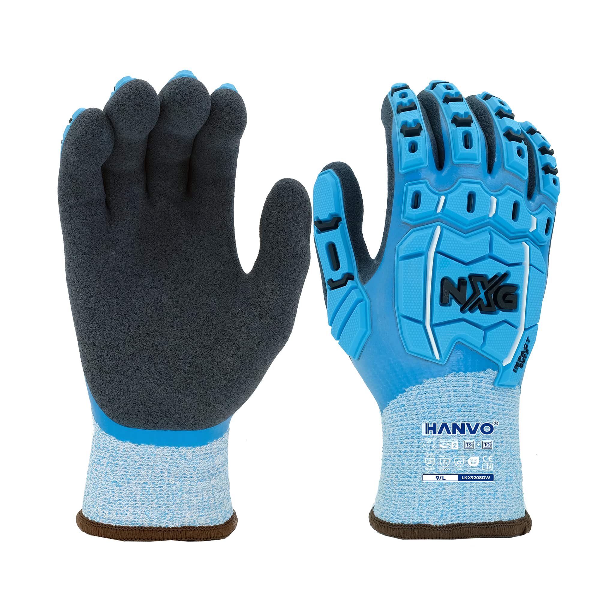 HANVO’s dual‑layer cold‑weather 13+10‑gauge HPPE glass‑fiber blended acrylic‑terry safety glove delivers ANSI A4 cut protection, paired with back‑of‑hand TPR impact guards to absorb knocks and impacts. The full smooth latex coating delivers dependable all‑round protection, and sandy latex palm dipping provides secure traction in dry‑condition handling. The thick acrylic‑terry liner delivers stable thermal insulation for cold‑environment work, and the glove is touch‑screen ready for on‑site device operation. This cold‑climate impact‑resistant cut‑proof work glove is ideal for general assembly, material transport, machinery and equipment, automotive, facility maintenance and warehousing operations.