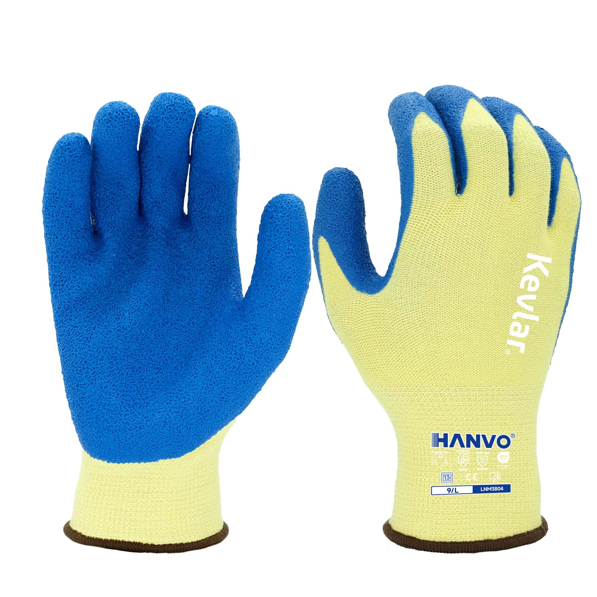 HANVO’s durable 13‑gauge Kevlar engineered‑shell safety glove delivers consistent ANSI A4 cut‑resistant performance without sacrificing fingertip dexterity. Crinkle‑latex palm coating generates stable non‑slip grip for dry‑environment material handling. The Kevlar liner provides Level‑1 contact‑heat protection, and the seamless knit structure reduces skin irritation to support comfortable all‑day wear. This multi‑functional work glove is ideal for general assembly, metal processing, machinery and equipment, automotive, facility maintenance and warehousing operations.