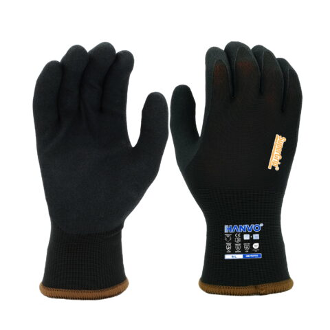 HANVO 15+10-gauge Polyester Acrylic Terry glove, ANSI A2 & EN388 4332B certified, cut-resistant nitrile palm coated, freezer warm, dry grip optimized, seamless skin-friendly liner. Wear resistant, low irritation, long-time comfort, applicable to cold storage work, equipment checking, slippery metal grabbing and winter warehouse material handling.