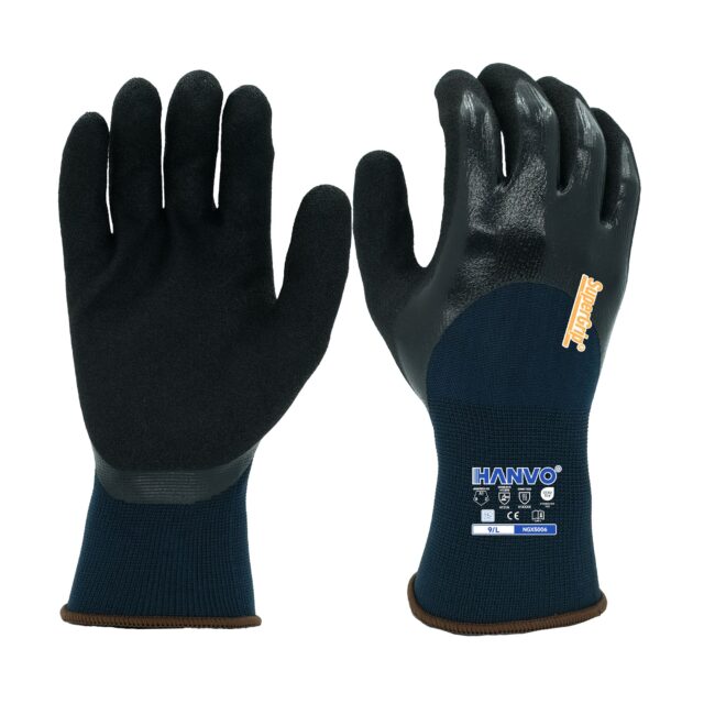 HANVO 15-gauge nylon spandex general purpose work glove, certified to ANSI A1 and EN388 standards, features 3/4 smooth and sandy palm nitrile coating with excellent oil resistance, waterproof and abrasion resistant properties. This daily use glove delivers flexible comfort, reliable grip and touch screen compatibility for general work. It is suitable for home repair, warehouse sorting, light machinery operation, automotive maintenance, facility maintenance and transport and warehousing.