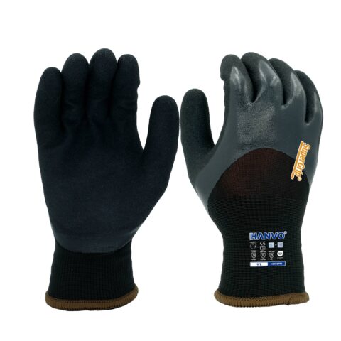 HANVO 15+10-gauge Polyester Acrylic Terry glove, ANSI A2 & EN388 4332B certified, cut-resistant nitrile coated, thermal warm, oil resistant, touchscreen operable, high traction durability. Anti-slip, fatigue reducing, lightweight flexible, ideal for oily parts transport, profile handling, metal cutting station loading and low-temperature material sorting.