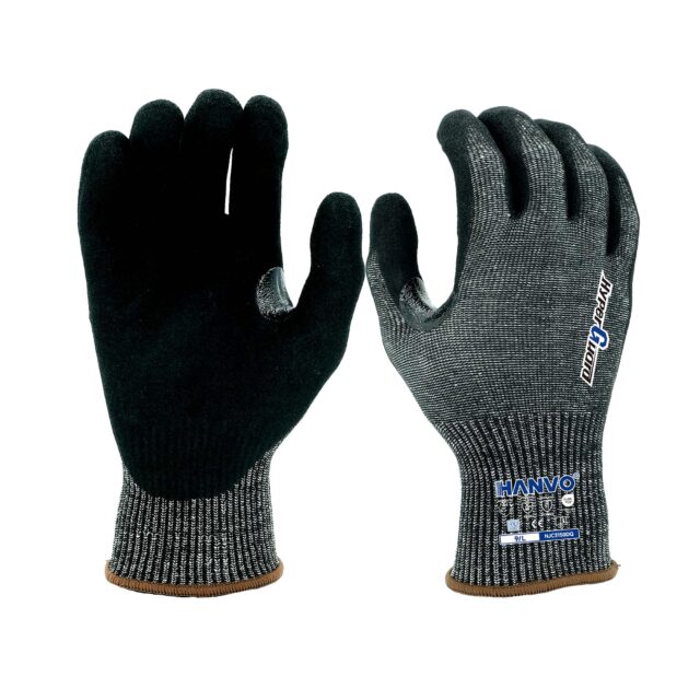 HANVO 13‑gauge polyester HPPE glass fiber steel liner ANSI A4 EN388 cut‑resistant glove. Sandy foam nitrile palm dipping offers stable cut‑proof performance. Touchscreen compatible, reinforced thumb crotch. Suitable for glass processing, metal fabrication, construction work, heavy‑duty assembly tasks.