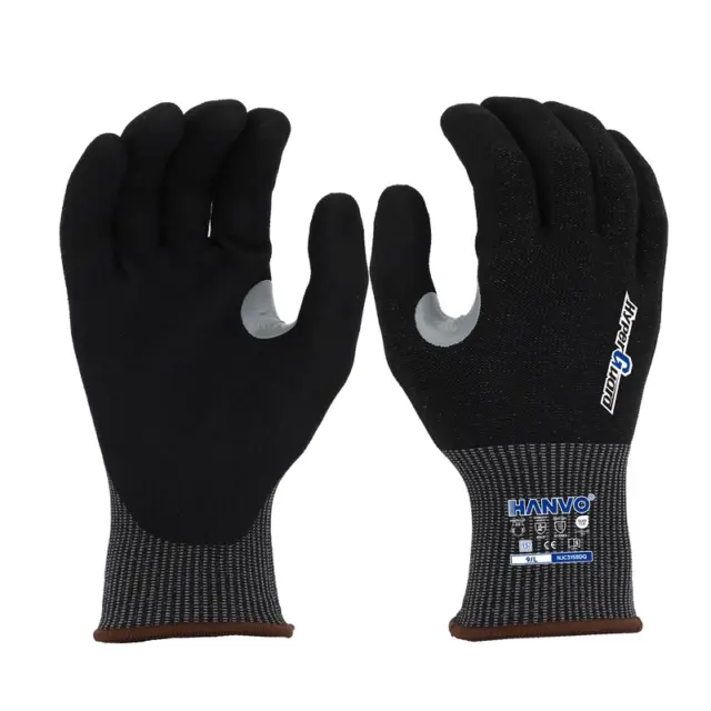 HANVO 13-gauge high-density HPPE basalt steel composite liner provides ANSI A6 extreme cut defense for high-risk operation, sandy foam nitrile coating performs excellent grip in dry/wet/oily three environments, thumb reinforcement and touch function greatly expand applicable scenarios. ANSI & EN388 double certified premium PPE for metal fabrication, chemical auxiliary handling, auto heavy repair, construction high-risk operation and warehouse oily cargo sorting.