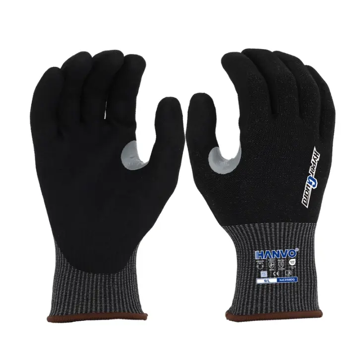 HANVO 13-gauge high-density HPPE basalt steel composite liner provides ANSI A6 extreme cut defense for high-risk operation, sandy foam nitrile coating performs excellent grip in dry/wet/oily three environments, thumb reinforcement and touch function greatly expand applicable scenarios. ANSI & EN388 double certified premium PPE for metal fabrication, chemical auxiliary handling, auto heavy repair, construction high-risk operation and warehouse oily cargo sorting.