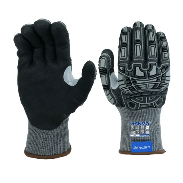 HANVO 13-gauge Polyester HPPE Basalt Steel glove, ANSI A6 & EN388 4X43FP certified, ultra high cut-proof sandy foam nitrile palm coated, sewn TPR back guard, thickened thumb crotch, long service lifespan, heavy impact buffer, non-slip oily grip. Wear resistant upgrade, high tension tear proof, low-temperature stable, applicable to heavy cargo transportation, hardware stamping, steel plate cutting, auto overhaul, chemical auxiliary handling.