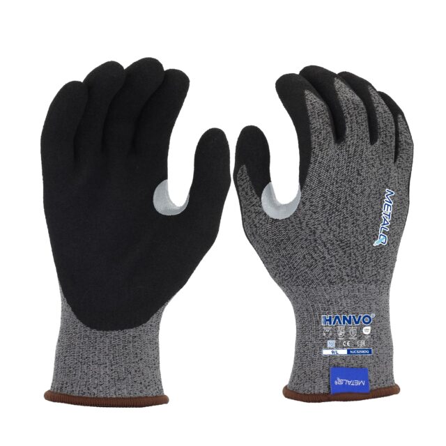 HANVO high-density 13-gauge polyester MetalQ blended liner achieves top ANSI A6 maximum anti-cut level, sandy foam nitrile coating brings outstanding gripping force and tactile sensitivity for precision operation, thumb crotch reinforcement greatly improves wear resistance under heavy tough tasks. ANSI & EN388 double certified premium PPE, widely used for sharp metal cutting, scrap handling, construction high-risk operation and heavy machinery repair.