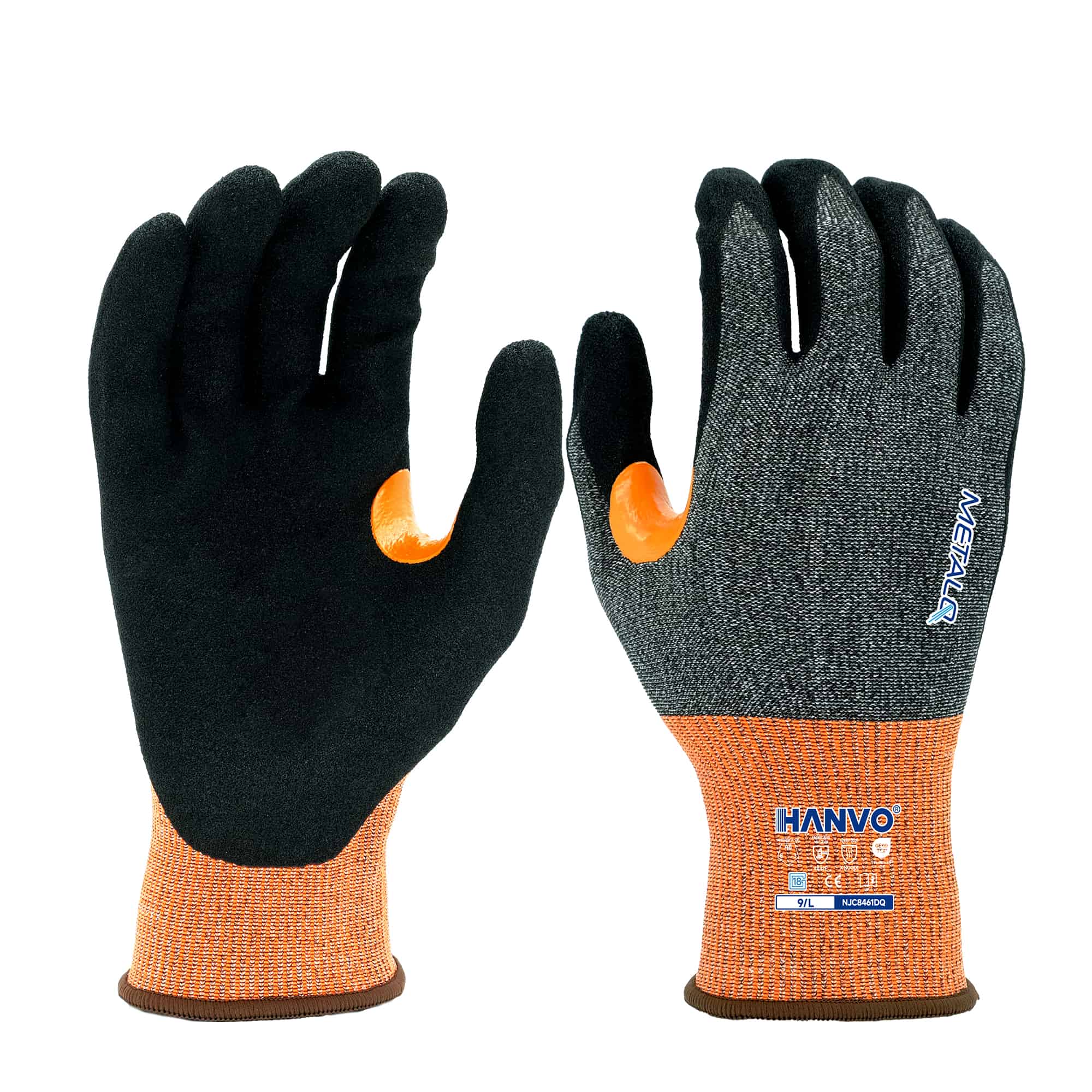Ultra‑thin 21‑gauge polyester MetalQ tungsten core‑spun liner reaches ANSI A8 top‑tier cut protection without sacrificing dexterity. Sandy foam nitrile palm balances powerful grip and fine tactile feeling; reinforced high‑wear thumb crotch extends service life, supports touch‑screen operation. Globally safety‑certified for sharp‑metal fabrication, high‑risk assembly, glass‑material handling and demanding precision‑heavy workshops.