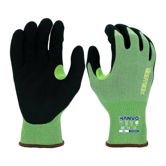 HANVO 15-gauge recycled MetalQ spandex liner with ANSI A5 medium-high cut resistance, sandy foam nitrile palm realizes strong wet & dry traction, crotch reinforcement and waterproof oil-resistant performance. ANSI & EN388 certified heavy duty glove for oily component transfer, slippery material grabbing, construction auxiliary and daily machinery repair.