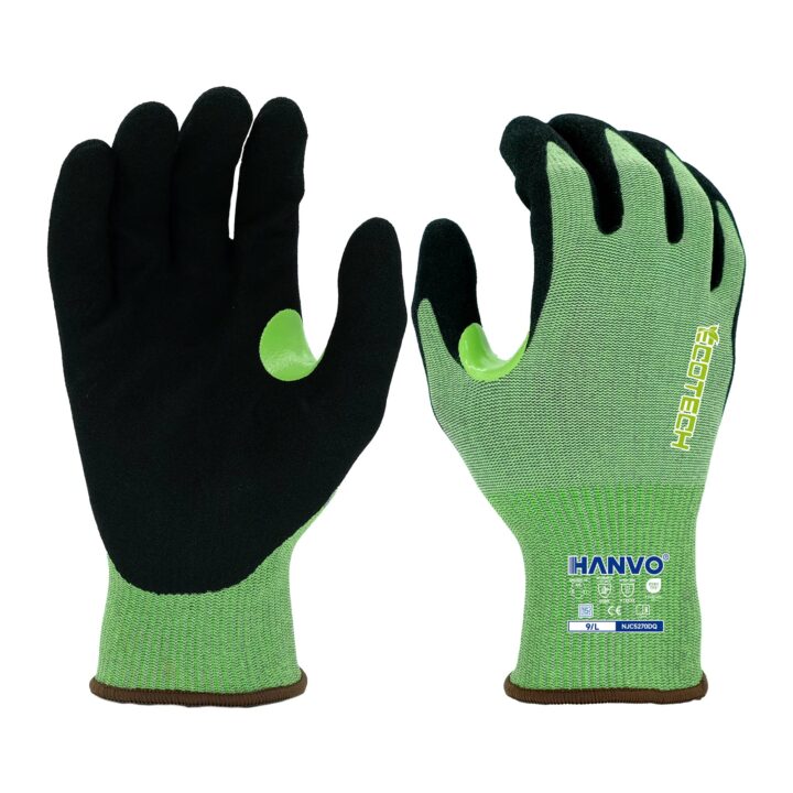 HANVO 15-gauge recycled MetalQ spandex liner with ANSI A5 medium-high cut resistance, sandy foam nitrile palm realizes strong wet & dry traction, crotch reinforcement and waterproof oil-resistant performance. ANSI & EN388 certified heavy duty glove for oily component transfer, slippery material grabbing, construction auxiliary and daily machinery repair.