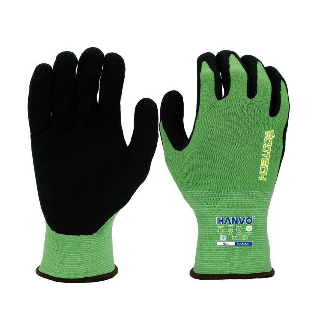 HANVO 15-gauge recycled polyester spandex liner with high abrasion resistance, sandy foam nitrile palm offers steady dry grip, breathable sweat wicking and eco-friendly performance. EN388 abrasion certified daily safety glove for machinery maintenance, equipment inspection, warehouse sorting and general parts picking jobs.