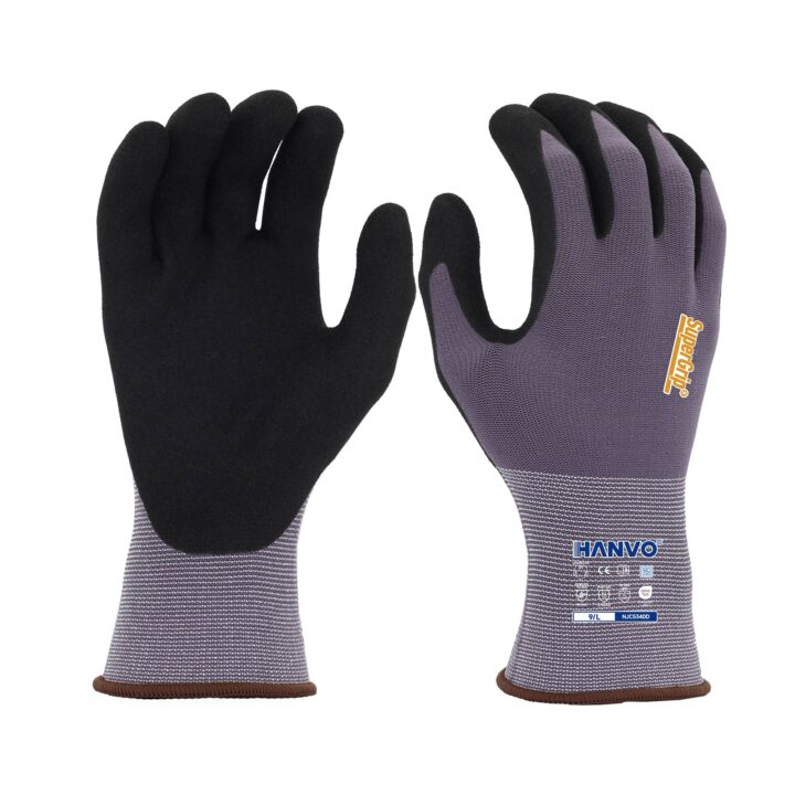 Discover HANVO’s 15-gauge nylon spandex, ANSI & EN388 certified breathable sandy foam nitrile safety glove, slip resistant, lightweight and stretchable for daily industrial tasks. Ideal for automotive, facility maintenance, machinery equipment, transport warehousing and glass & building materials handling.