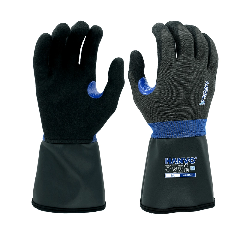 HANVO 18‑gauge nylon metal liner ANSI A4 EN388 cut‑resistant glove. Sandy foam nitrile palm dipping balances dexterity and protection. Reinforced thumb crotch with safety cuff. Reliable hand protection for material handling, warehouse logistics, facility maintenance, general industrial operation.