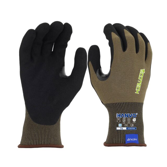 HANVO 18-gauge polyester BioMetalQ tungsten liner with ANSI A6 cut resistance, sandy foam nitrile palm dipping, provides reinforced durability, precise dexterity and oil slip resistance. Dual ANSI & EN388 certified safety glove for metal cutting, auto assembly, heavy fabrication, precision hardware handling and repeated material transport.