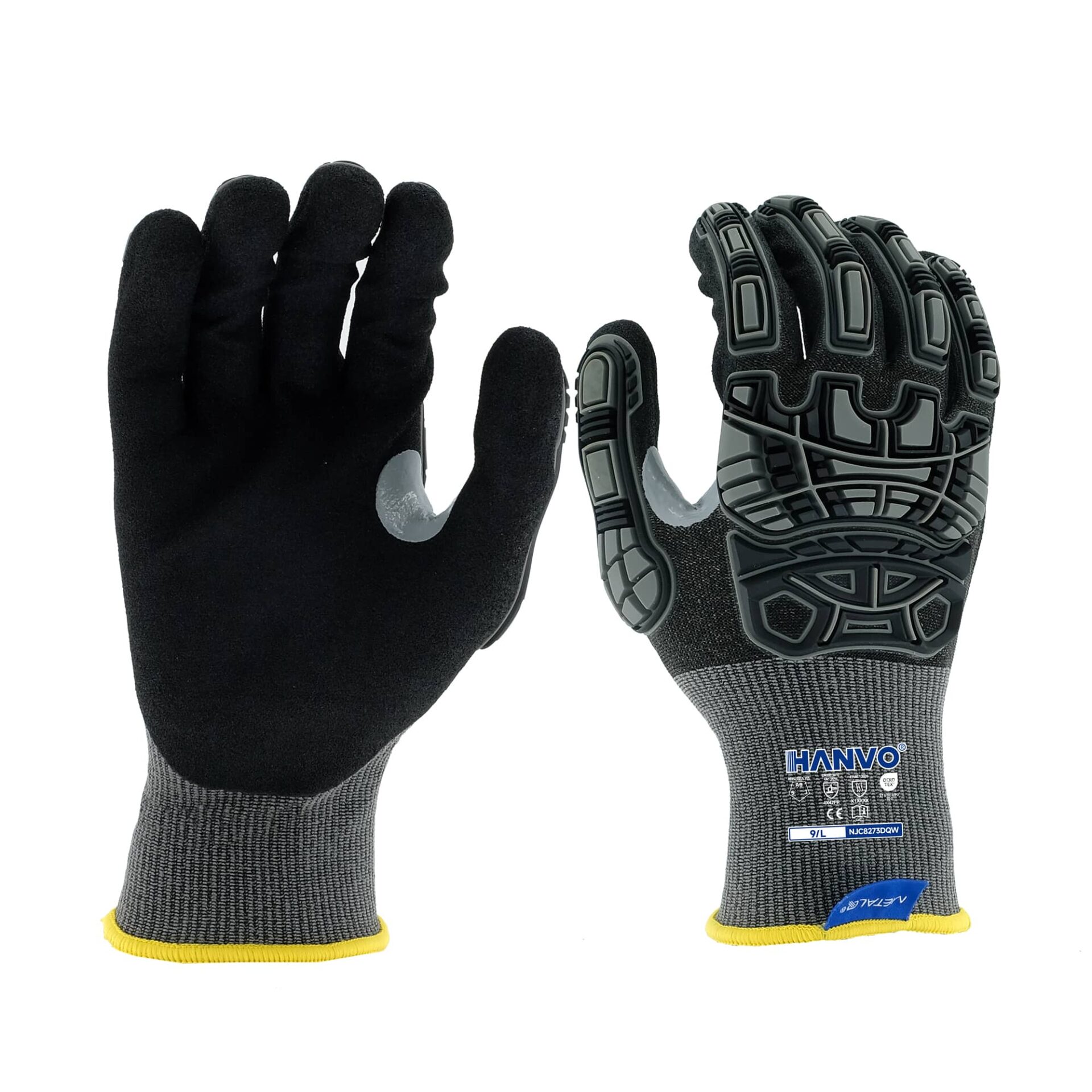 HANVO 18-gauge Nylon MetalQ Tungsten glove, ANSI A6 & EN388 4X42FP certified, heavy cut-proof sandy foam nitrile palm coated, thumb crotch reinforced, TPR anti-knock, precision touchscreen, tear resistant, heavy load bearing. Extra wear resistance, precise finger sensitivity, anti-impact buffer, suitable for wet slippery part grabbing, steel edge handling, assembly line, machinery overhaul, auto maintenance.