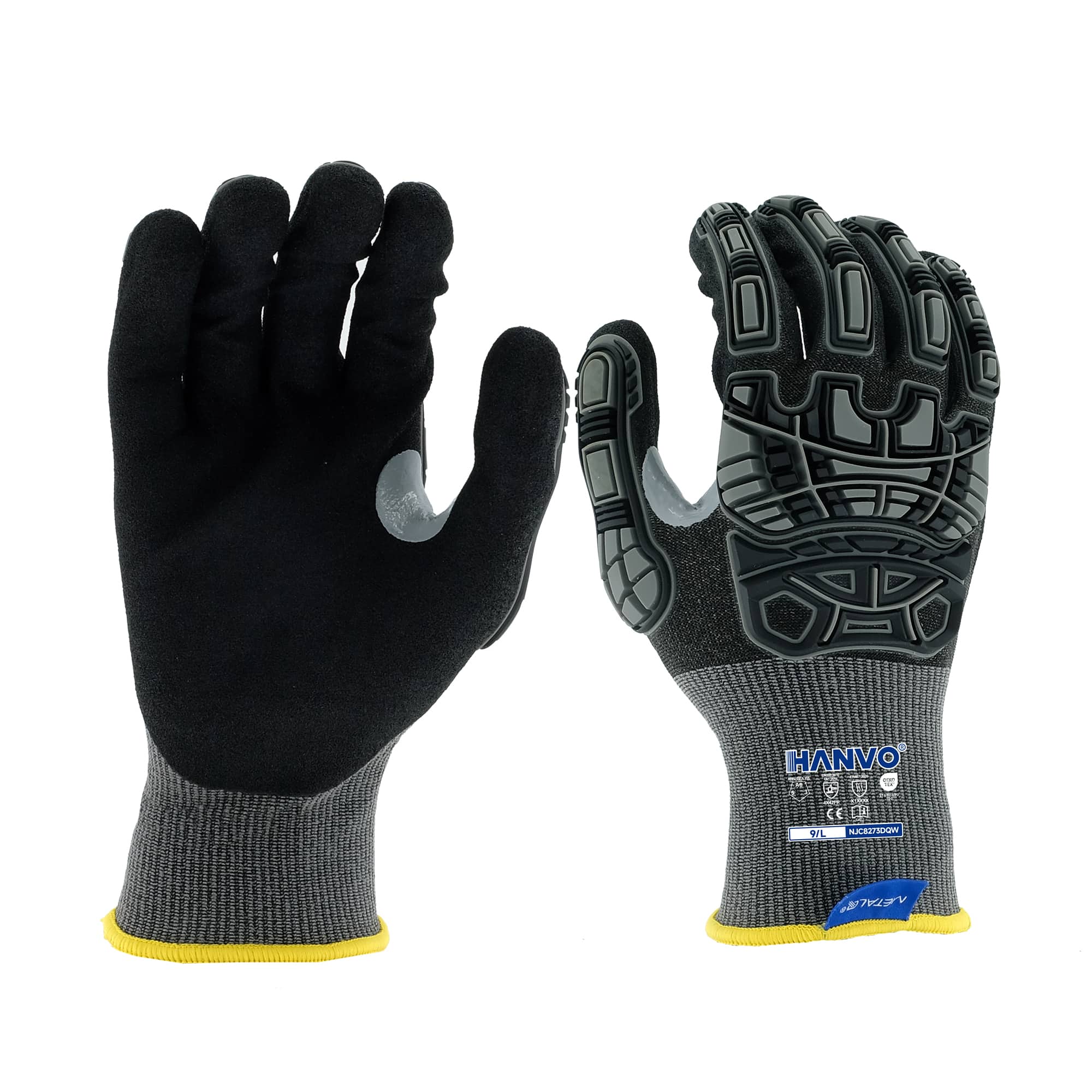 HANVO 18-gauge Nylon MetalQ Tungsten glove, ANSI A6 & EN388 4X42FP certified, heavy cut-proof sandy foam nitrile palm coated, thumb crotch reinforced, TPR anti-knock, precision touchscreen, tear resistant, heavy load bearing. Extra wear resistance, precise finger sensitivity, anti-impact buffer, suitable for wet slippery part grabbing, steel edge handling, assembly line, machinery overhaul, auto maintenance.