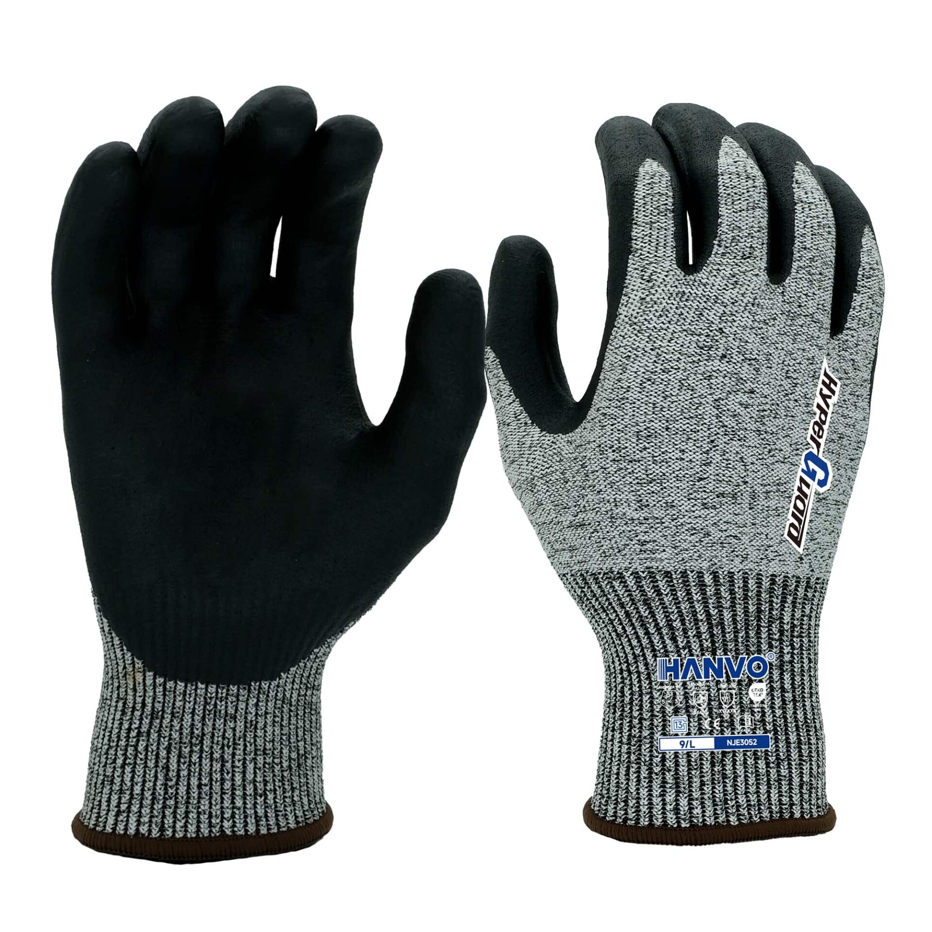 HANVO 13‑gauge polyester HPPE glass fiber liner ANSI A3 EN388 cut‑resistant glove. Foam nitrile palm dipping supplies dependable cut protection and comfortable grip. Plain dipped lightweight construction for all‑day wear. Designed for routine material handling, product assembly, warehouse operation, broad‑range general‑purpose industrial work.