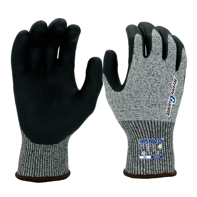 HANVO 13‑gauge polyester HPPE glass fiber liner ANSI A3 EN388 cut‑resistant glove. Foam nitrile palm dipping supplies dependable cut protection and comfortable grip. Plain dipped lightweight construction for all‑day wear. Designed for routine material handling, product assembly, warehouse operation, broad‑range general‑purpose industrial work.