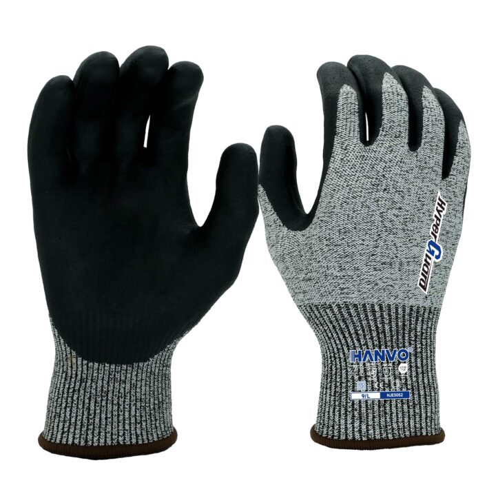 HANVO 13‑gauge polyester HPPE glass fiber liner ANSI A3 EN388 cut‑resistant glove. Foam nitrile palm dipping supplies dependable cut protection and comfortable grip. Plain dipped lightweight construction for all‑day wear. Designed for routine material handling, product assembly, warehouse operation, broad‑range general‑purpose industrial work.