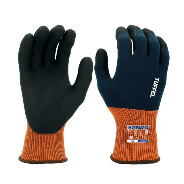 Discover HANVO’s 15-gauge nylon spandex, EN388 certified oil resistant Tuffel nitrile touchscreen safety glove, flexible, snug fit and wearproof. Ideal for automotive, facility maintenance, machinery equipment, transport warehousing and glass building materials handling.