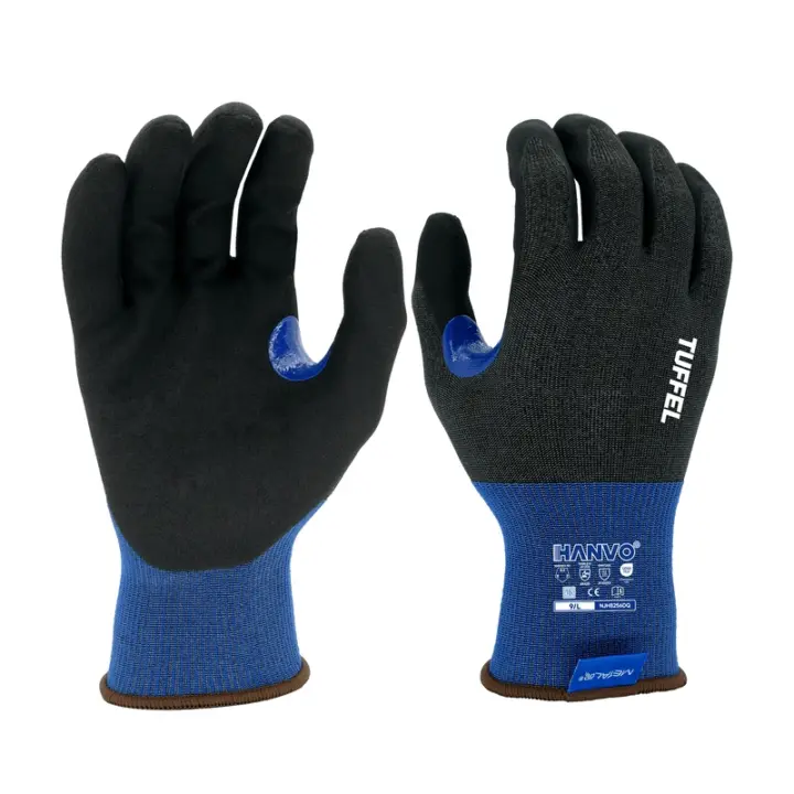 HANVO 18‑gauge nylon metal liner ANSI A4 EN388 cut‑resistant glove. Tuffel nitrile palm dipping delivers enhanced grip and long‑term durability. Touchscreen compatible, reinforced thumb crotch. Ideal for oily component handling, machinery maintenance, metal fabrication, automotive workshop.