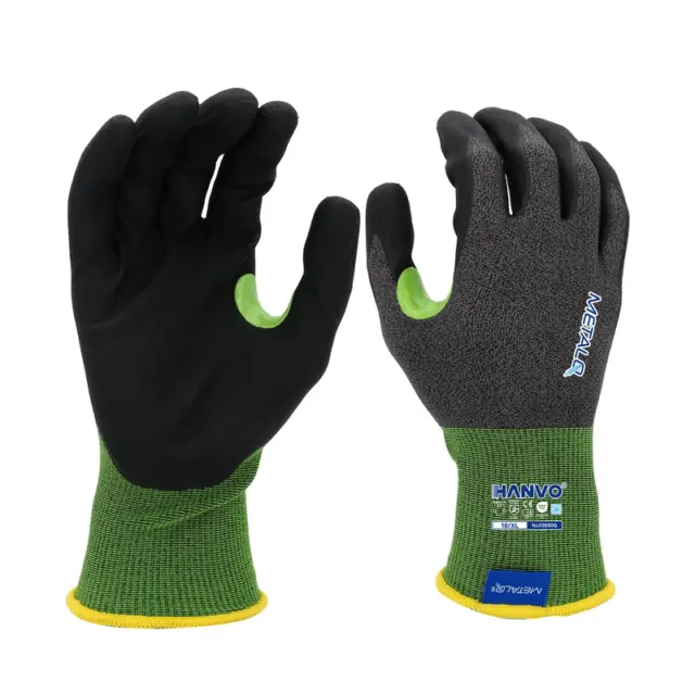 HANVO 24‑gauge polyester metal spandex liner ANSI A3 EN388 cut‑resistant glove. Water jetted micro‑foam nitrile palm dipping delivers ultra‑thin, ultra‑light cut‑resistant performance. Touchscreen compatible, reinforced thumb crotch. Optimized for high‑precision component assembly, electronic device production, delicate material sorting, laboratory operation.