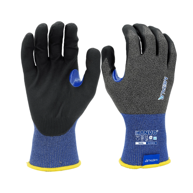HANVO 24‑gauge polyester metal spandex liner ANSI A4 EN388 cut‑resistant glove. Water jetted micro‑foam nitrile palm dipping upgrades cut resistance while preserving superior lightweight comfort. Touchscreen compatible, reinforced thumb crotch. Well‑suited for fine metal stamping, precision machinery adjustment, automotive component assembly, on‑site industrial maintenance.
