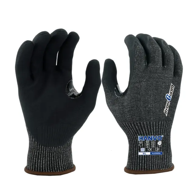 HANVO 13-gauge HPPE glass fiber steel knitted liner achieves ANSI A4 medium-high cut level, water jetted micro foam nitrile palm enhances air permeability and anti-slip performance in slight oil condition, reinforced high-wear crotch avoids frequent tearing. Passed ANSI/ISEA 105 & EN388 certification, widely used for stamping processing, auto oily parts disassembly, bolt fastening, equipment overhaul and metal auxiliary cutting jobs.