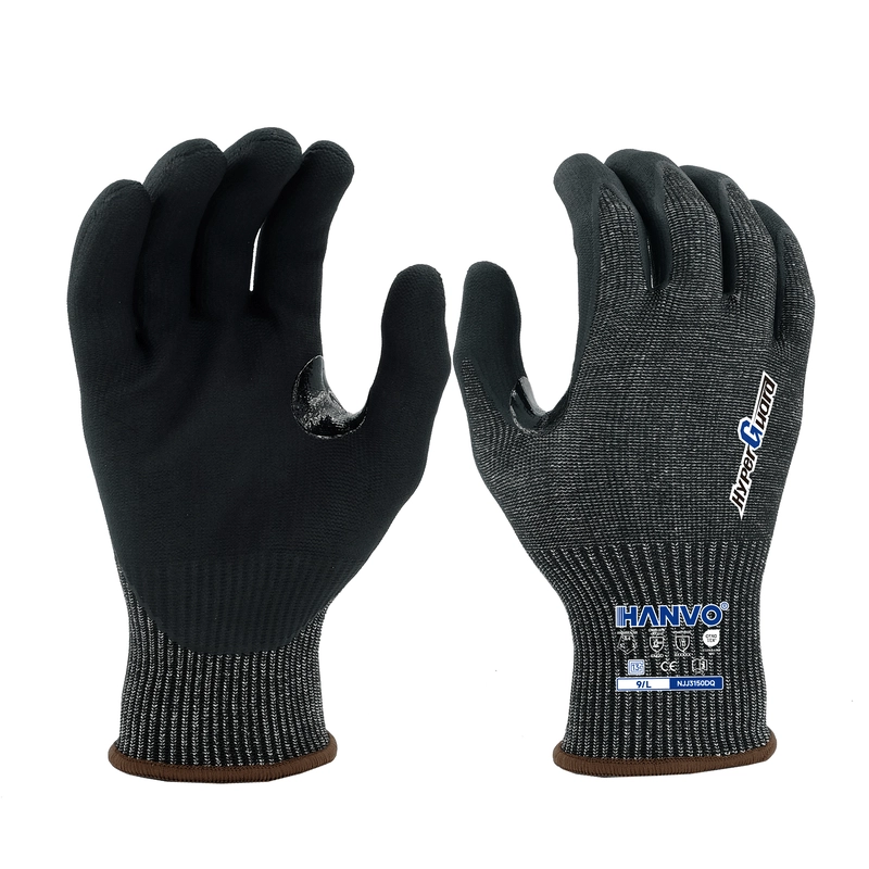 HANVO 13-gauge HPPE glass fiber steel knitted liner achieves ANSI A4 medium-high cut level, water jetted micro foam nitrile palm enhances air permeability and anti-slip performance in slight oil condition, reinforced high-wear crotch avoids frequent tearing. Passed ANSI/ISEA 105 & EN388 certification, widely used for stamping processing, auto oily parts disassembly, bolt fastening, equipment overhaul and metal auxiliary cutting jobs.