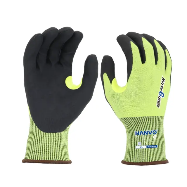 HANVO 15‑gauge polyester HPPE glass fiber steel liner ANSI A4 EN388 cut‑resistant glove. Water jetted micro‑foam nitrile palm dipping strikes the balance between cut resistance and fingertip dexterity. Touchscreen compatible, reinforced thumb crotch. Applied for metal stamping, automotive part handling, mechanical upkeep, building construction.