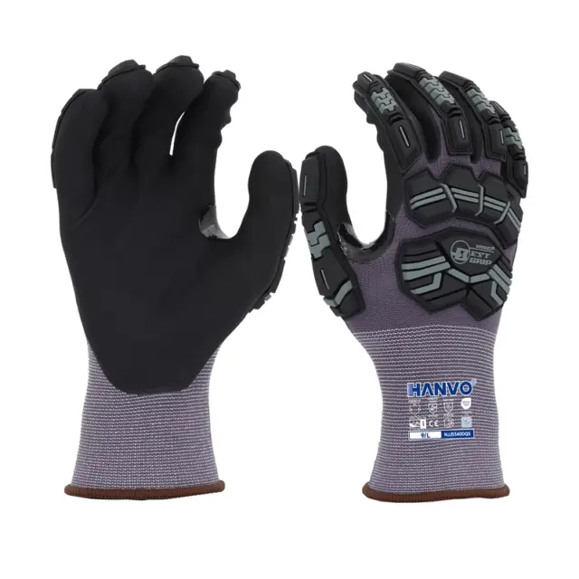 HANVO 15-gauge Nylon Spandex glove, ANSI A1 & EN388 4131AP certified, impact resistant water jetted micro foam nitrile palm coated, flexible fit, touchscreen compatible, breathable dry grip, long wear durability. Shock absorption, snug ergonomic fit, oil repellent, widely used in machinery maintenance, auto repair, stamping picking, cutting workshop feeding, assembly line operation.