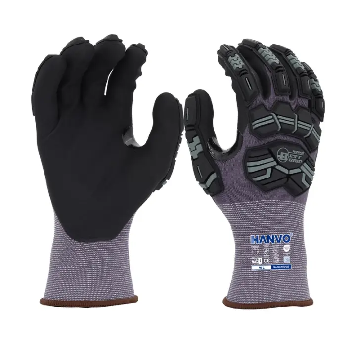 HANVO 15-gauge Nylon Spandex glove, ANSI A1 & EN388 4131AP certified, impact resistant water jetted micro foam nitrile palm coated, flexible fit, touchscreen compatible, breathable dry grip, long wear durability. Shock absorption, snug ergonomic fit, oil repellent, widely used in machinery maintenance, auto repair, stamping picking, cutting workshop feeding, assembly line operation.