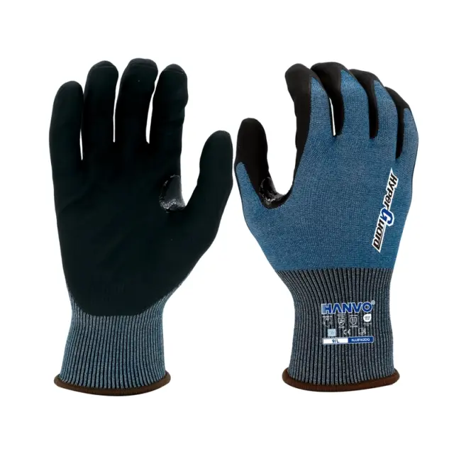 HANVO 18‑gauge polyester HPPE glass fiber liner ANSI A2 EN388 cut‑resistant glove. Water jetted micro‑foam nitrile palm dipping provides lightweight flexible protection. Touchscreen compatible, reinforced thumb crotch. Perfect for precision electronics assembly, light‑duty warehousing, equipment repair, general maintenance.