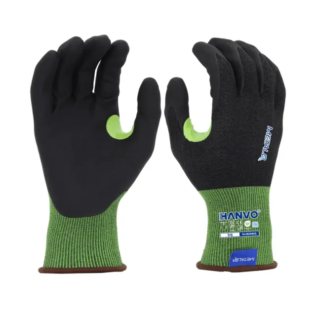 HANVO 18-gauge nylon MetalQ core-spun liner provides ANSI A3 basic cut resistance, water jetted micro foam nitrile palm delivers breathable dry anti-slip grip, thumb crotch reinforcement improves wear life with full touchscreen function. Dual ANSI & EN388 certified glove for machinery maintenance, warehouse handling, light assembly and daily workshop repair operations.