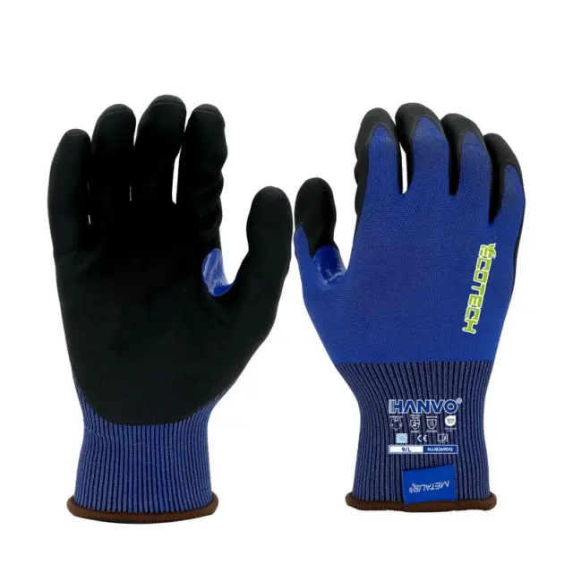 HANVO 18-gauge recycled polyester MetalQ spandex liner achieves ANSI A4 cut grade, water jetted micro foam nitrile palm plus thumb reinforcement enhances wear life, slip control and screen compatibility. Dual ANSI & EN388 qualified cut safety glove for sharp part grabbing, metal stamping, auto parts processing and heavy manual fabrication tasks.