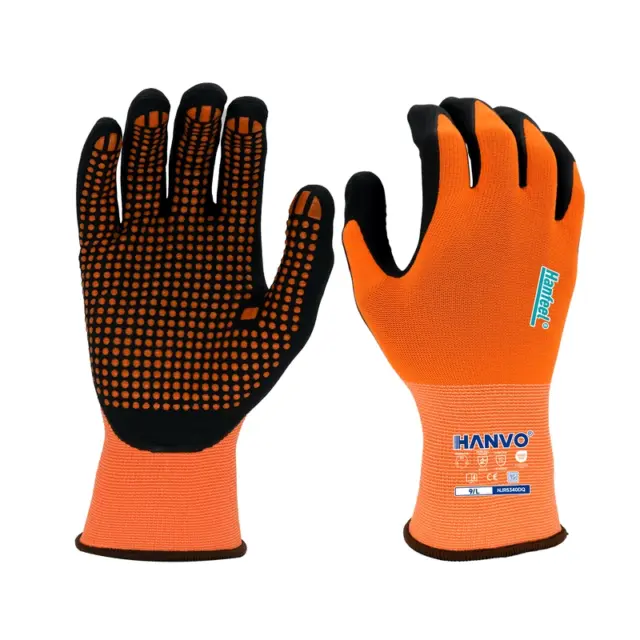 Discover HANVO’s 15-gauge nylon spandex, ANSI & EN388 certified non-cut touchscreen nitrile glove with anti-slip dotted palm, flexible, breathable and slip-resistant for long time work. Ideal for automotive, facility maintenance, machinery equipment, transport warehousing and glass & building materials handling.