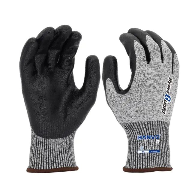 HANVO 13-gauge polyester HPPE hypergrip cut resistant glove, meeting ANSI A3 and EN388 safety standards, adopts smooth nitrile palm coating to provide superior oil repellent, waterproof and high abrasion resistance. This glass handling glove offers excellent cut protection, hyper grip performance and flexible fit for slippery material handling. It is ideal for glass handling, metal stamping, hardware processing, automotive maintenance, facility maintenance, glass and building materials and transport and warehousing.