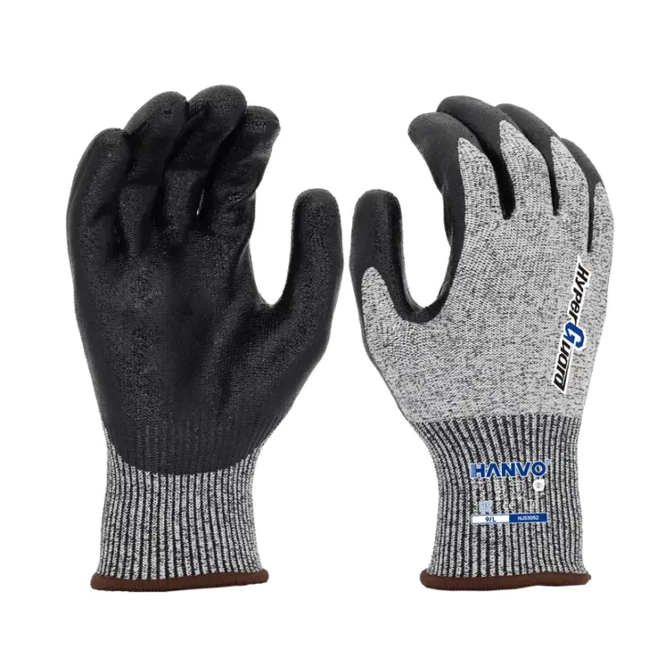 HANVO 13-gauge polyester HPPE hypergrip cut resistant glove, meeting ANSI A3 and EN388 safety standards, adopts smooth nitrile palm coating to provide superior oil repellent, waterproof and high abrasion resistance. This glass handling glove offers excellent cut protection, hyper grip performance and flexible fit for slippery material handling. It is ideal for glass handling, metal stamping, hardware processing, automotive maintenance, facility maintenance, glass and building materials and transport and warehousing.