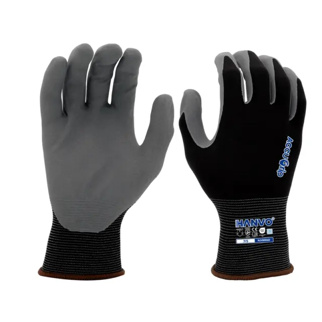 Discover HANVO’s 18-gauge nylon spandex, ANSI Level 4 & EN388 certified high abrasion resistant Accugrip nitrile touch screen safety glove, featuring snug flexibility, strong grip and long service life. Ideal for electronics assembly, automotive production, facility maintenance, machinery equipment operation, transport warehousing and glass & building materials handling.