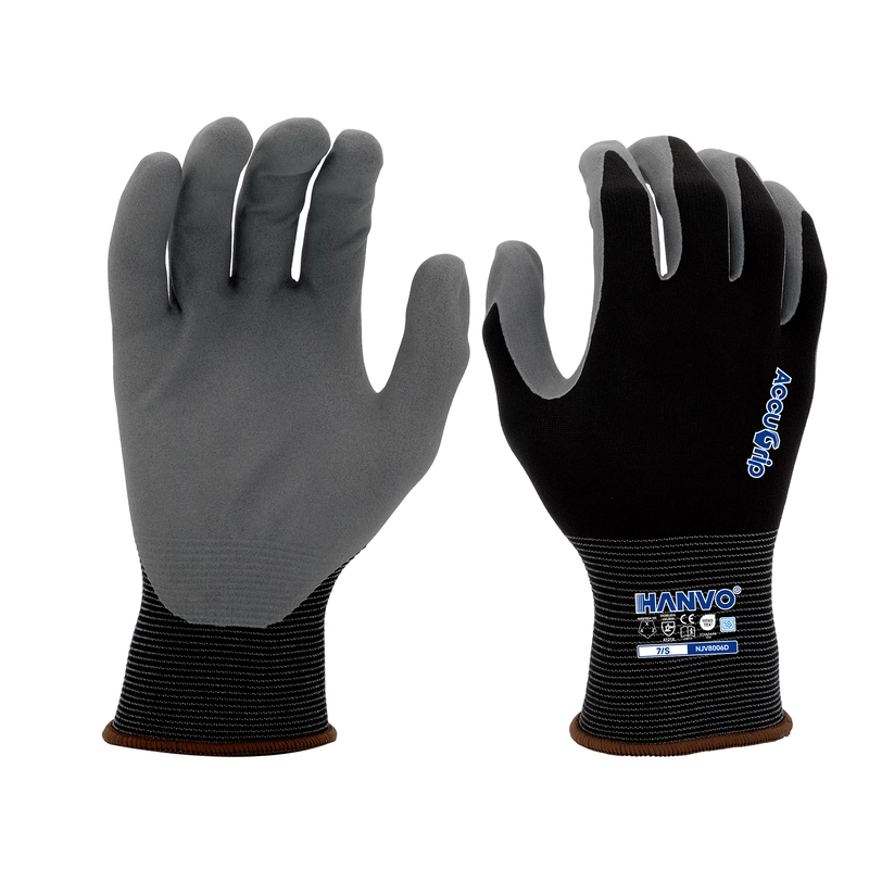 Discover HANVO’s 18-gauge nylon spandex, ANSI Level 4 & EN388 certified high abrasion resistant Accugrip nitrile touch screen safety glove, featuring snug flexibility, strong grip and long service life. Ideal for electronics assembly, automotive production, facility maintenance, machinery equipment operation, transport warehousing and glass & building materials handling.