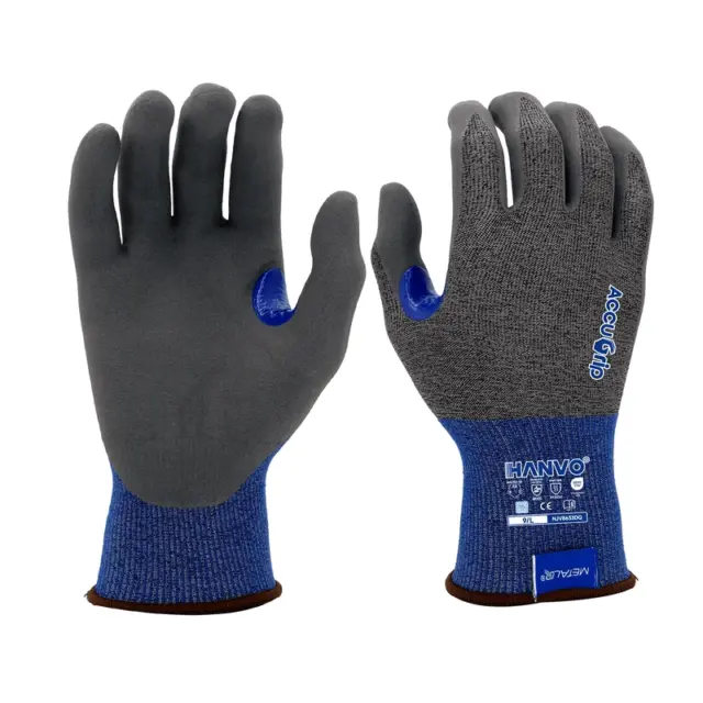 Discover HANVO’s 18-gauge nylon MetalQ, ANSI D & EN388 certified cut-resistant Accugrip nitrile safety glove, reinforced thumb crotch, touch screen compatible and high anti-abrasion. Ideal for automotive, facility maintenance, machinery equipment, transport warehousing and glass & building materials handling.