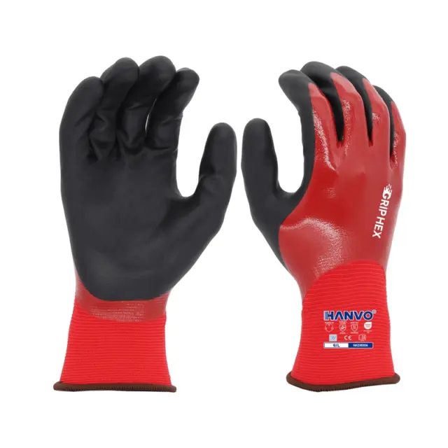 HANVO 18-gauge nylon spandex work glove, compliant with ANSI and EN388 safety standards, is equipped with foam nitrile palm coating that provides outstanding oil resistance, waterproof protection and high abrasion resistance. This flexible precision handling glove offers lightweight comfort, reliable grip and touch screen compatibility for daily work. It is suitable for general assembly, light repair, material transport, automotive maintenance and facility maintenance work.