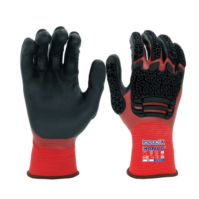 HANVO 18-gauge Nylon Spandex glove, ANSI A1 & EN388 4121AP certified, oil resistant dual smooth+foam nitrile coated, TPR heat pressed back cushion, ultra flexible fit, tight finger sensitivity, dry&oily dual anti-slip, breathable sweat wicking. Lightweight snug, low fatigue long time wear, shock absorption buffer, used for small parts assembly, mechanical maintenance, oily cargo handling, stamping picking, electronic equipment inspection.