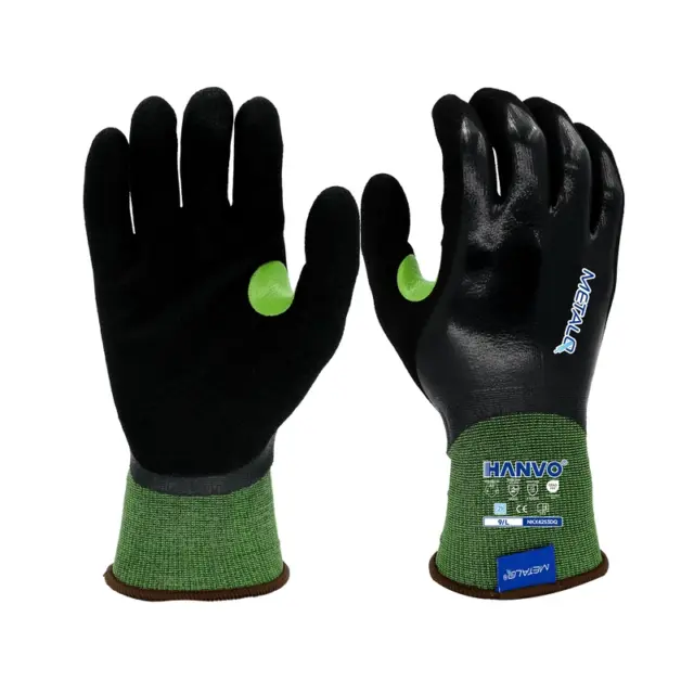 HANVO 21-gauge nylon MetalQ thin cut resistant precision glove, certified to ANSI A2 and EN388 standards, comes with full smooth and sandy palm nitrile coating that provides great oil repellent, waterproof and abrasion resistance. This flexible precision glove delivers reliable cut protection, ultra-light comfort and touch screen compatibility for tiny component operations. It is suitable for tiny component assembly, electronic wiring, light mechanical fitting, automotive maintenance, facility maintenance, precision electronics and transport and warehousing.