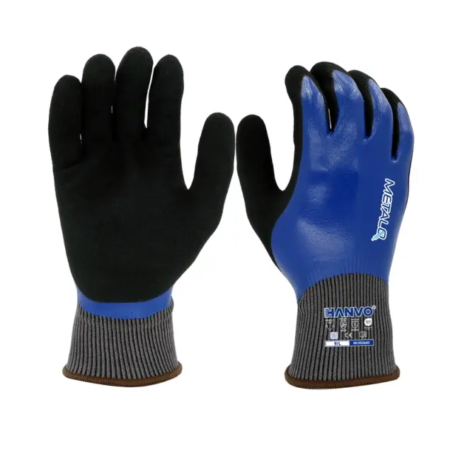 HANVO 15-gauge polyester MetalQ cut resistant glove, meeting ANSI A4 and EN388 safety standards, uses sandy nitrile palm coating to achieve great oil-proof, waterproof and abrasion resistant effects. This electronic work glove offers reliable cut protection, flexible operation and touch screen compatibility for precision tasks. It is widely used in electronics assembly, precision fitting, equipment maintenance, automotive maintenance, facility maintenance and transport and warehousing.
